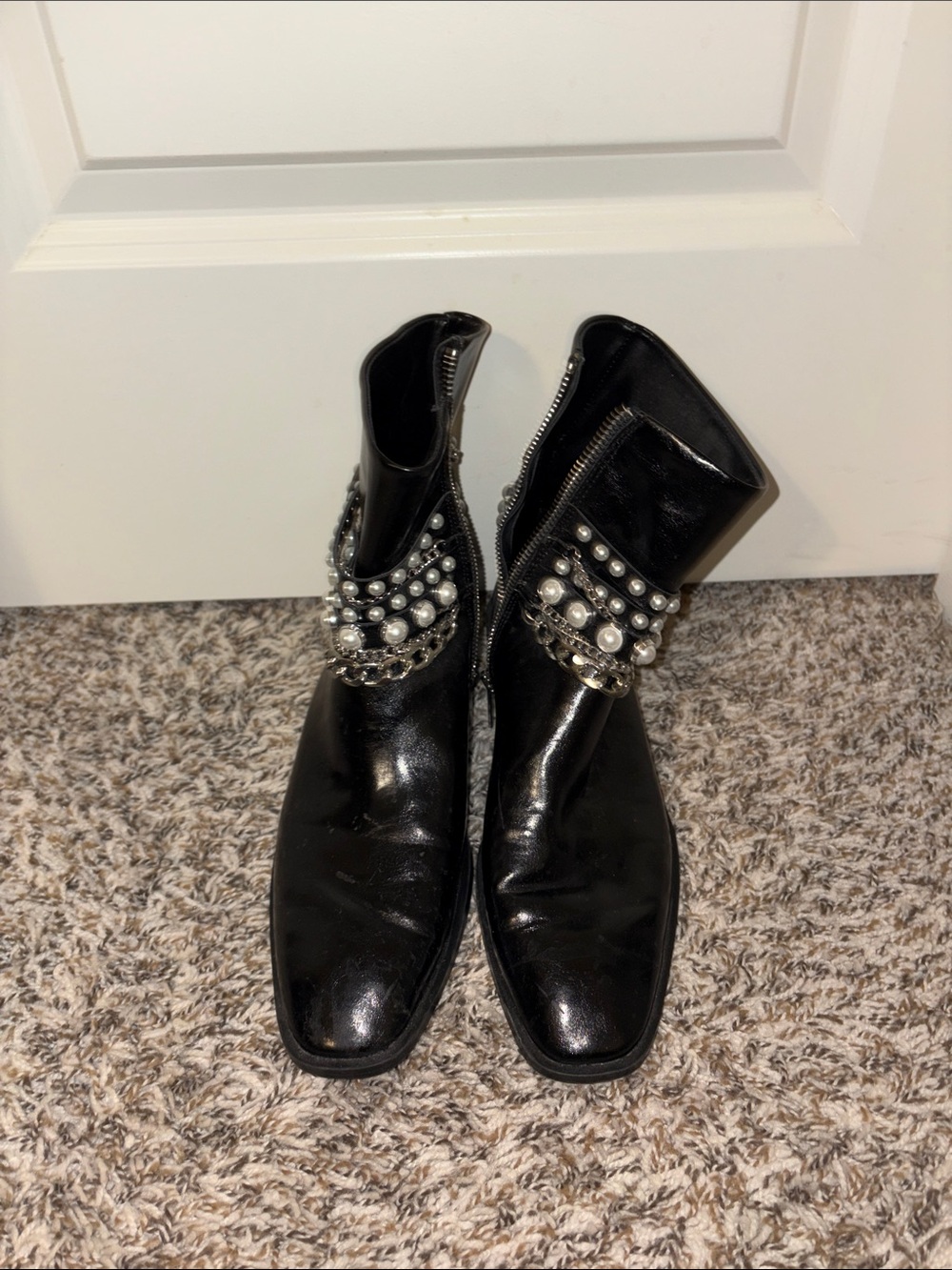 Zara Black Ankle Boots with Pearl & Chain Embellishment